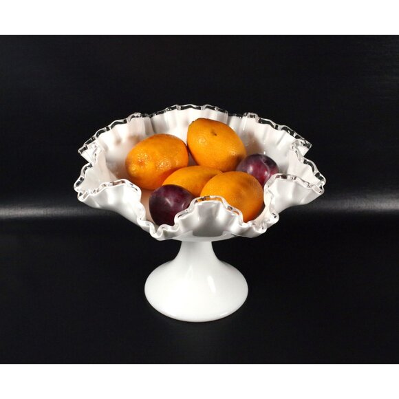 Vintage Fenton Silver Crest Double Ruffled Pedestal Compote Bowl, 8" x 11" Fruit - Picture 2 of 6